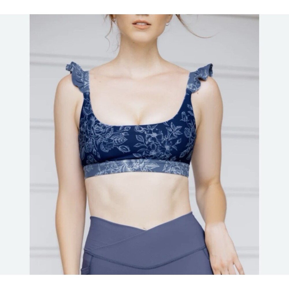 POPFLEX Women's Romance Ruffle Bra Floral Blue Size Small Sport Athletic Yoga